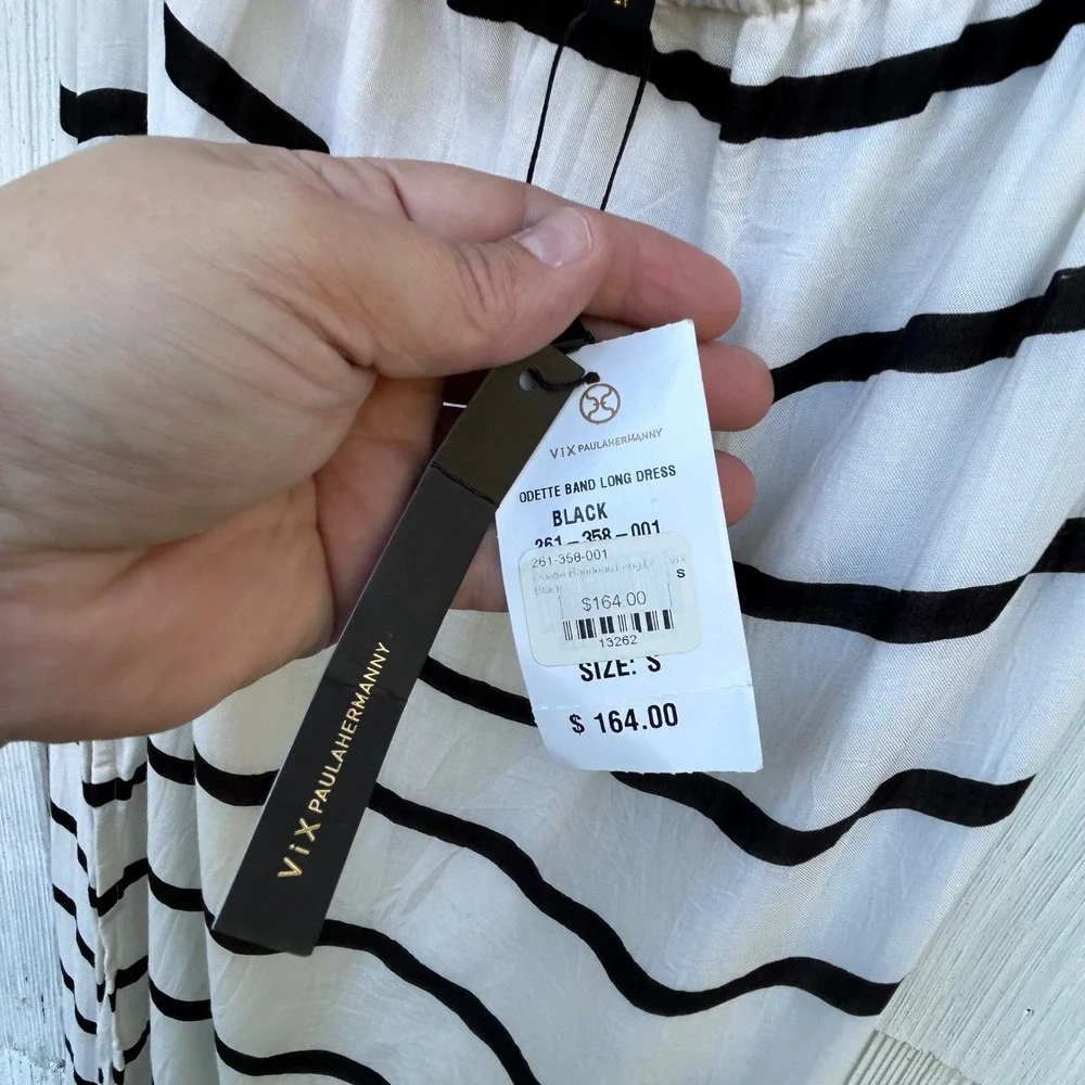 VIX PAULA HERMANNY Odette Band Long‎ Dress Black White Stripe Strapless Maxi S